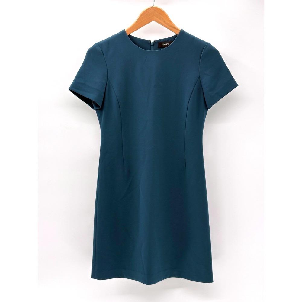 Theory Dress Jatinn Shift Crepe Short Sleeve Classic Minimalist 0 Green Blue